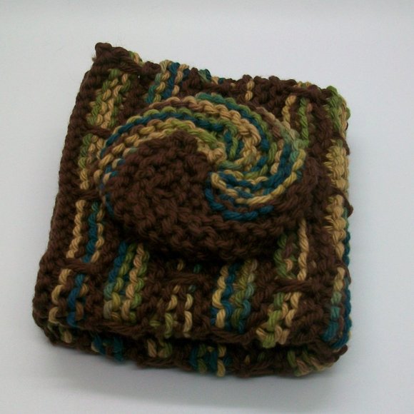 Handmade Knit Brown Cotton Wash Dish Spa Cloth Scrubbie Set - Picture 2 of 5